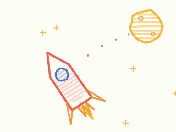 A crayon rocket flying to a smiling moon